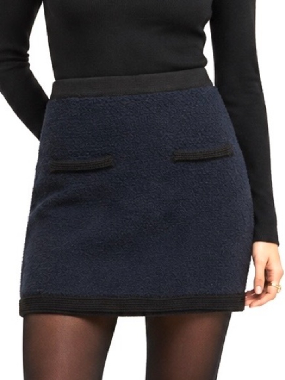 Massimo Dutti S Textured Navy Black Mini Skirt Knit Modern Chic Preppy Academia